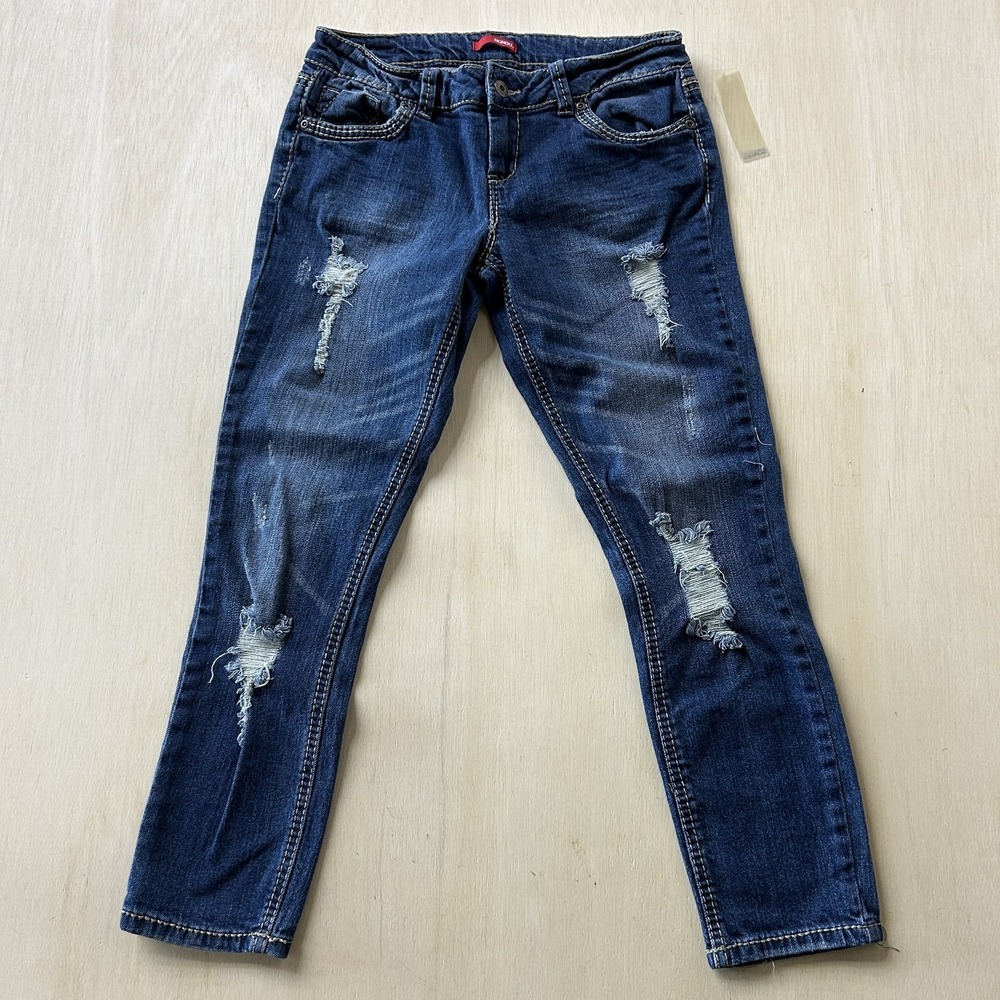 Y2K Bongo Jeans Juniors 7 Medium Washโ Skinny Distressed Stretch Studded Denim